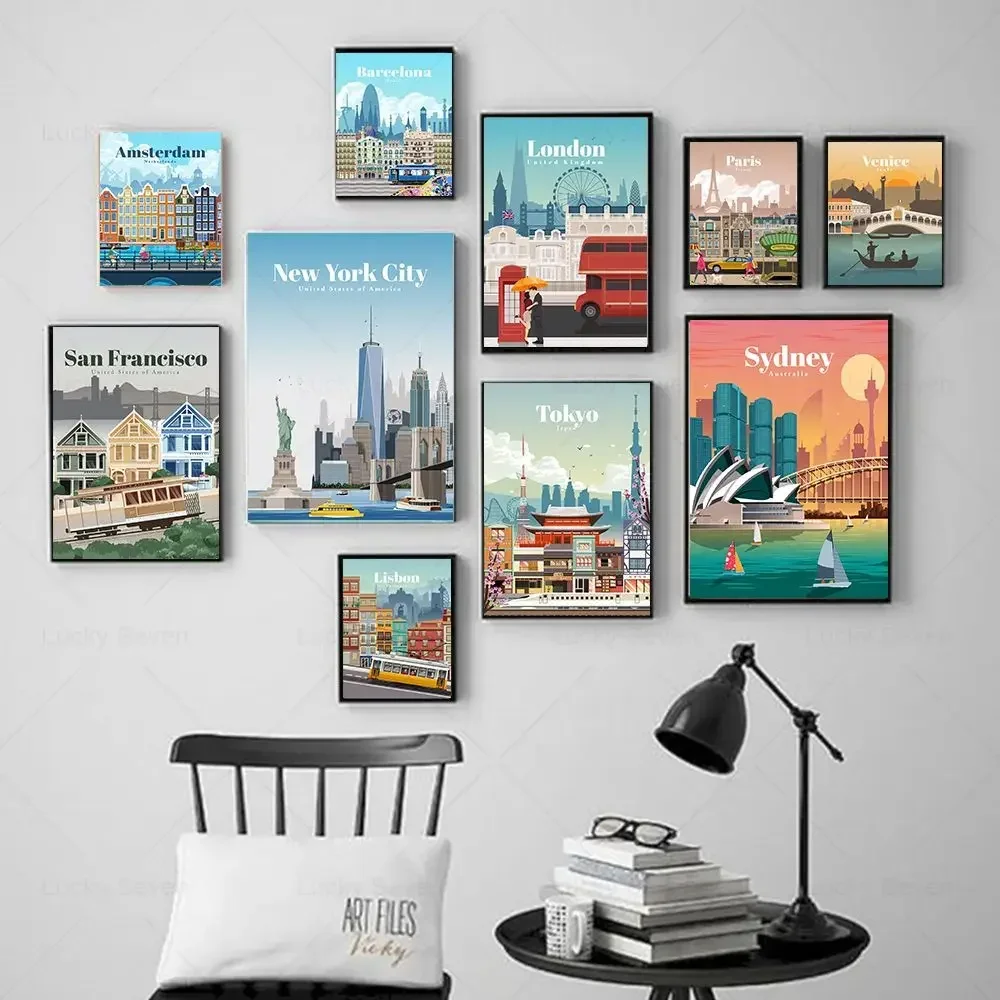 باريس طوكيو سيدني البندقية لندن برشلونة أمستردام السفر حائط لوح رسم الفن الملصقات غرفة المعيشة الديكور المنزل ديكو