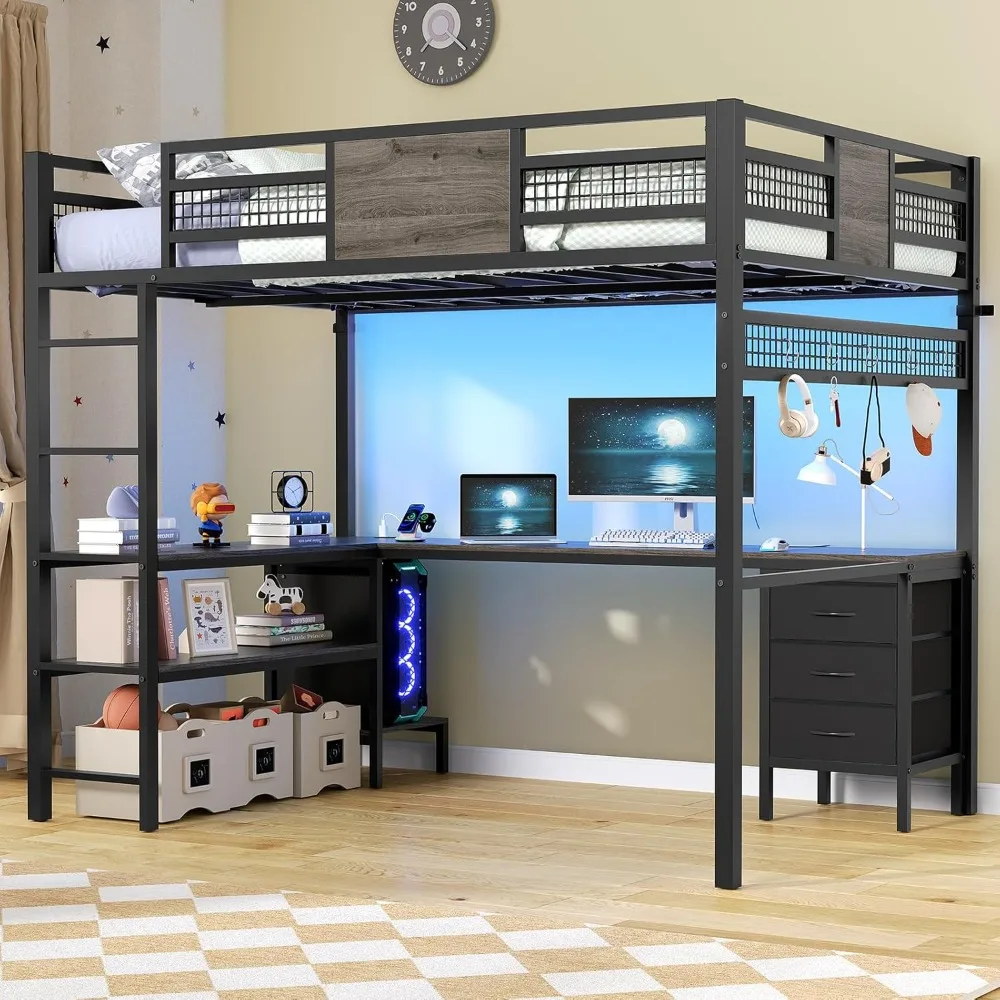 Loft Bed Full Size with L-Shaped Desk, 3 Storage Drawers, Power Outlet, 3 Storage Shelves, Metal Loft Bed Frame with RGB Lights