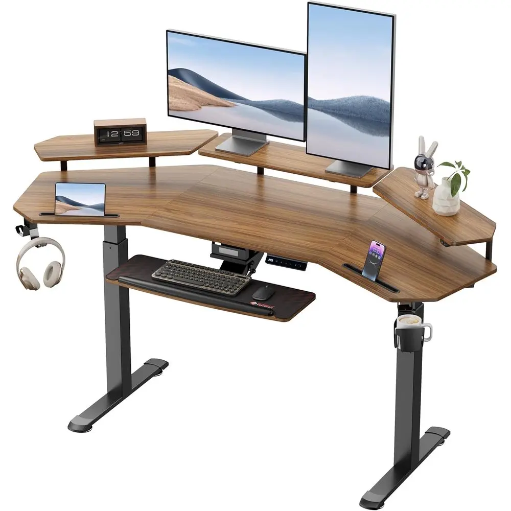 

72 Dual Motor Adjustable Height Desk with LED Stand, Keyboard Tray for Gaming & Music Studios in Walnut Finish