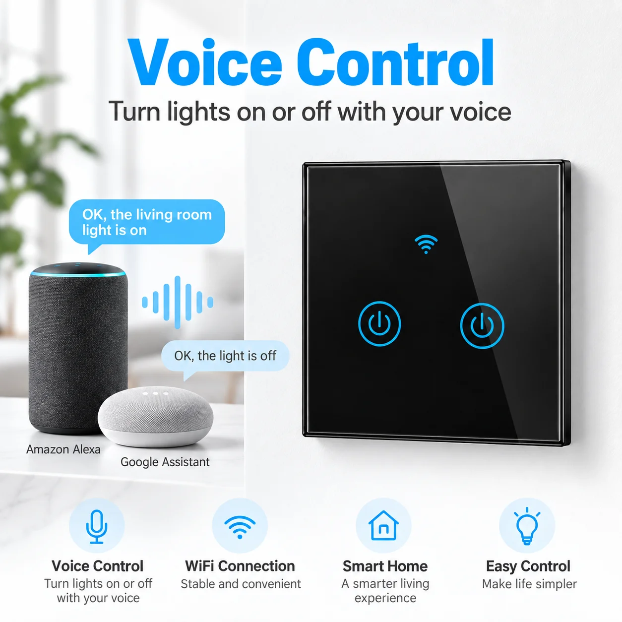 Smart Touch Switch WiFi eWeLink, Tempered Glass Panel, Google Home Alexa Voice Control, Programming & Remote Control, 1/2/3/4 Bu