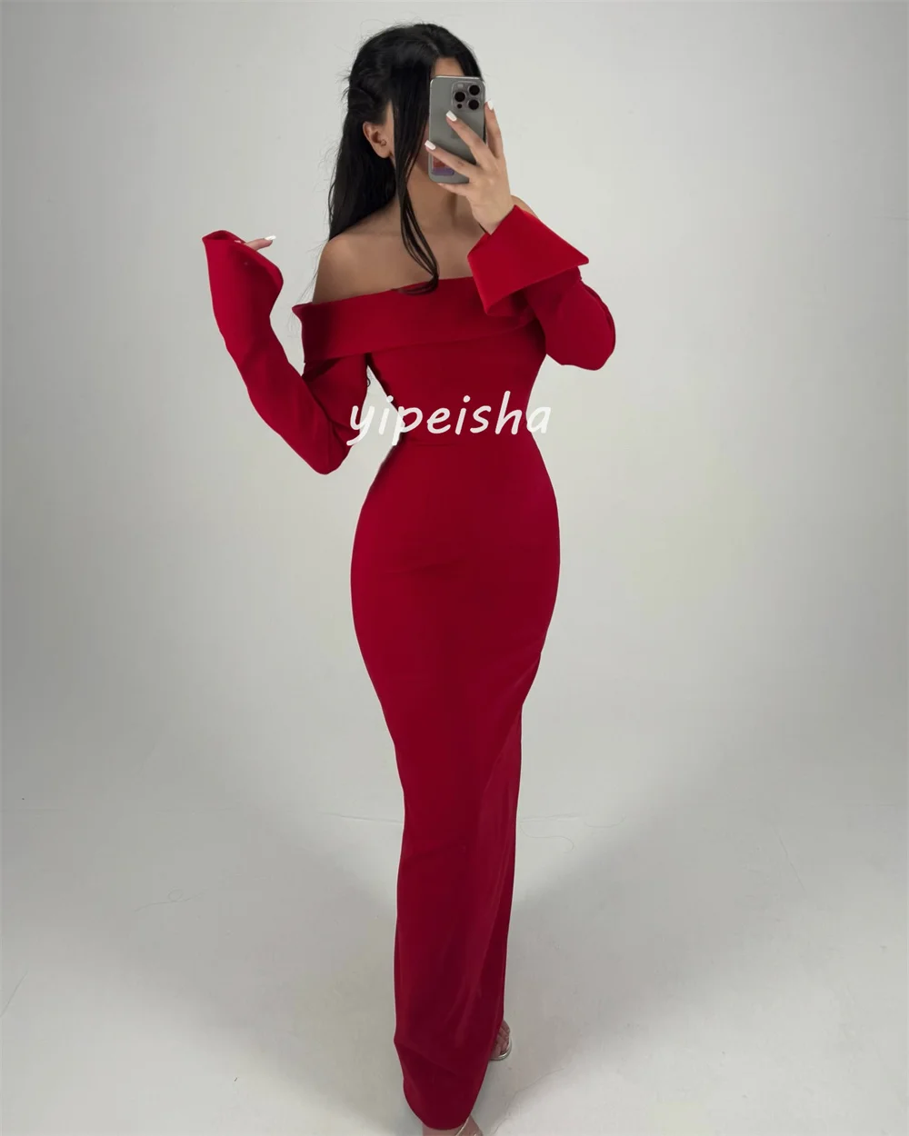 Vestidos largos personalizados de alta calidad, Jersey clásico, columna fruncida, hombros descubiertos, vestidos para ocasiones a medida, elegantes a juego