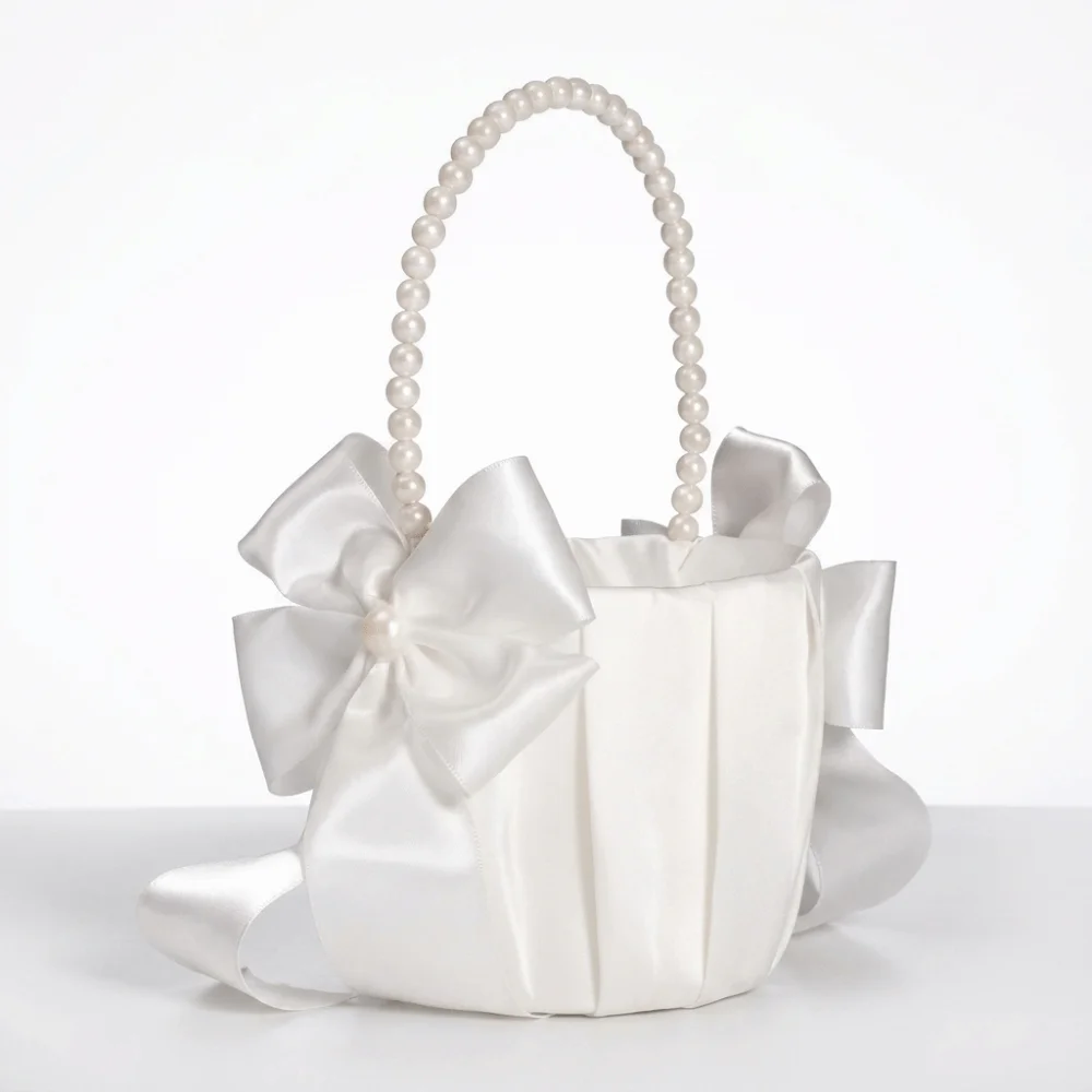 Satin White Wedding Flower Basket Vintage Elegant Pearl Handle Basket Classic Rustic Bowknot Flower Girl Basket Photoshoot Prop image 5