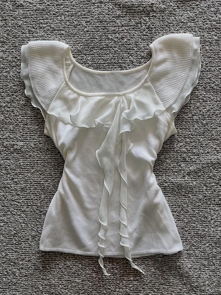 

Original Design Fene White Lace Trim T-irt Women's Exclusive Ele Top Summer Cotton Blend ort Sve irt