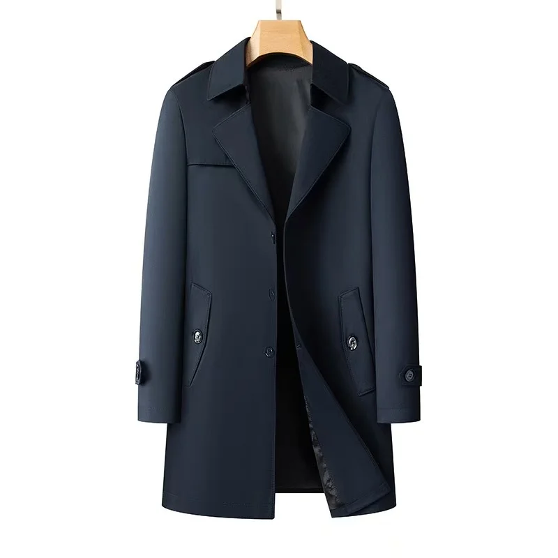 

2025 Spring and Autumn New Men's Medium to Long Wind Jacket Flip Collar Business Casual Wind Jacket Coat Single breasted Button
