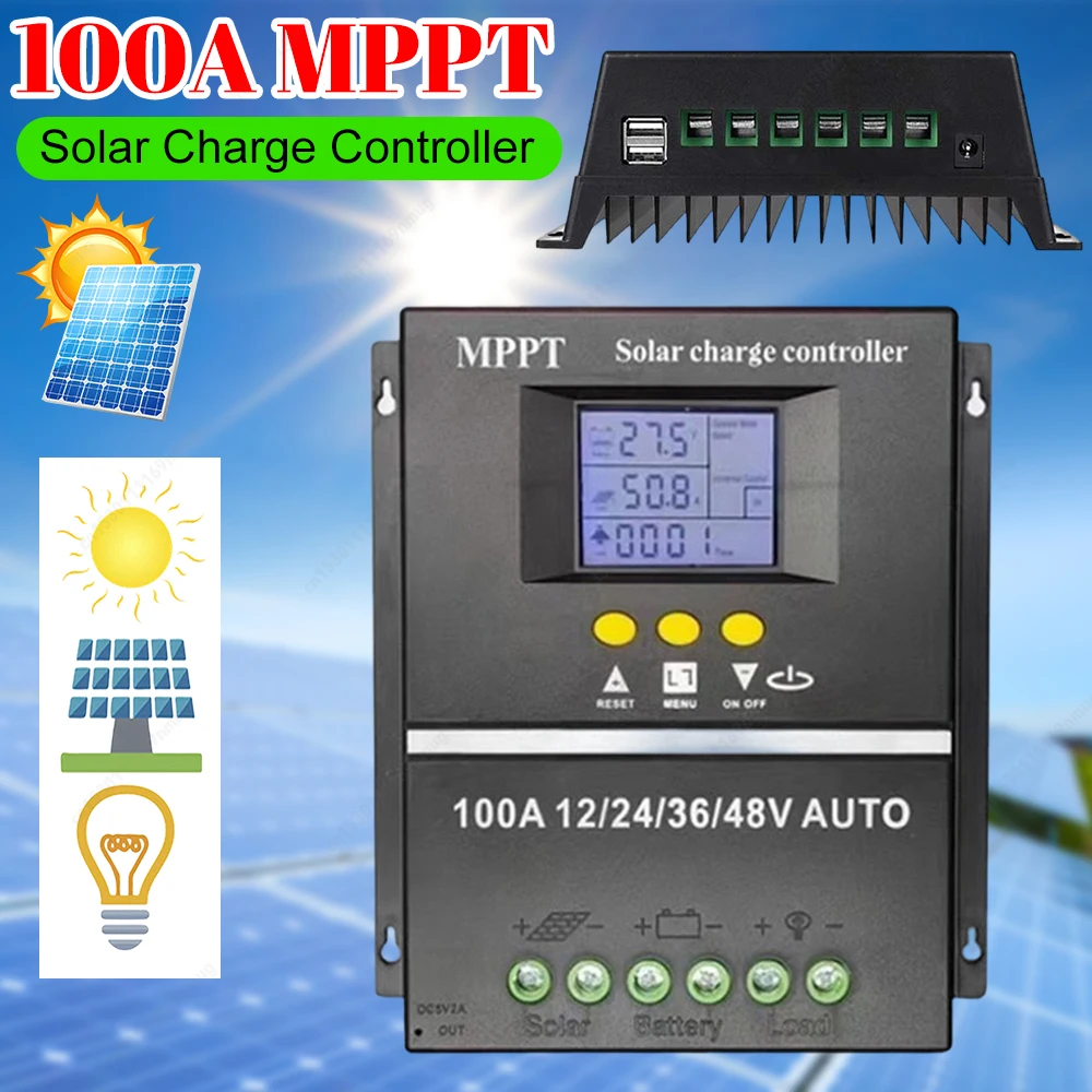 

Интеллектуальный контроллер заряда MPPT 100А с двумя USB-портами для солнечных панелей 12В/24В/36В/48В