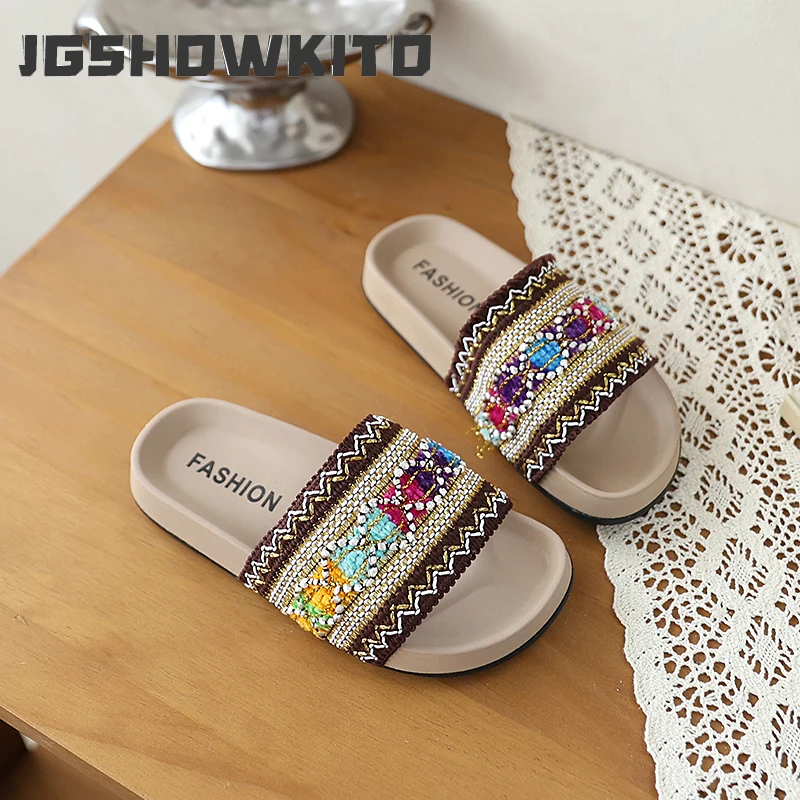 JGSHOWKITO Elegant Kids Woven Summer Slippers Boho Children Outdoor Beach Slippers Thick Bottom Non-slip Girls Open-toe Slippers