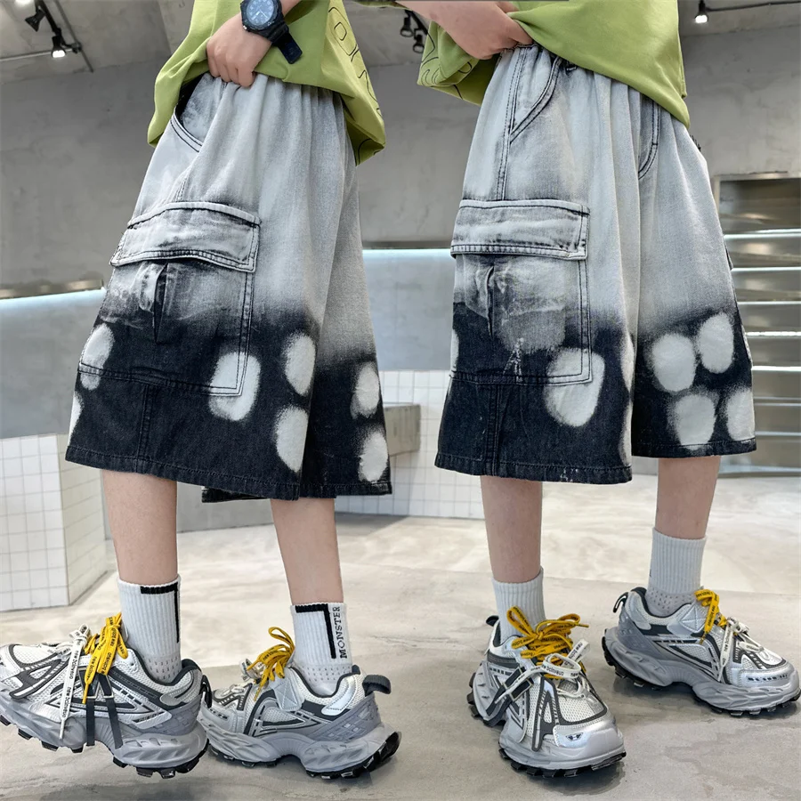 

Tweens Child Summer Streetwear Retro Denim Shorts Big Boy y2k Gradient Gray Jeans Capris Kids Hip Hop Loose Fitness Shorts Pants