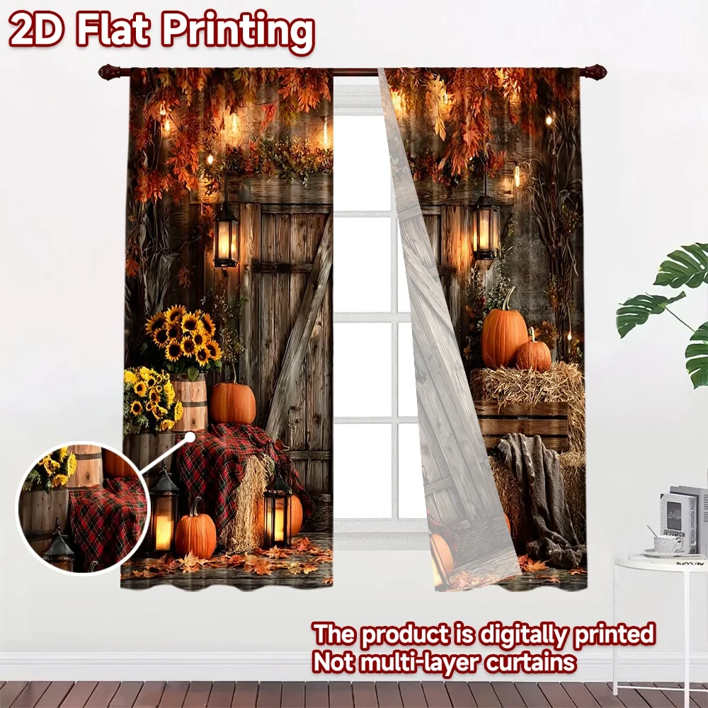 2D flat 2pcs Curtain Retro Country Style Halloween Barn Door Pumpkins Durable polyester fiber Holiday Decorations Use for Living