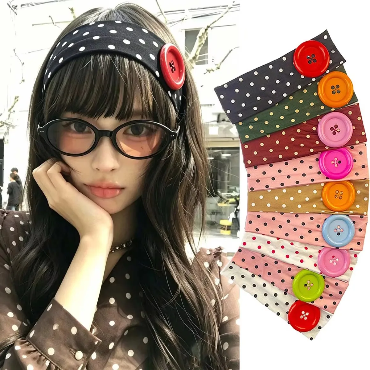 Fashion Dopamine Polka Dot Elastic Headband with Colorful Button for Women Charm Y2K Cute Sweet Hair Accessories Dating Daily