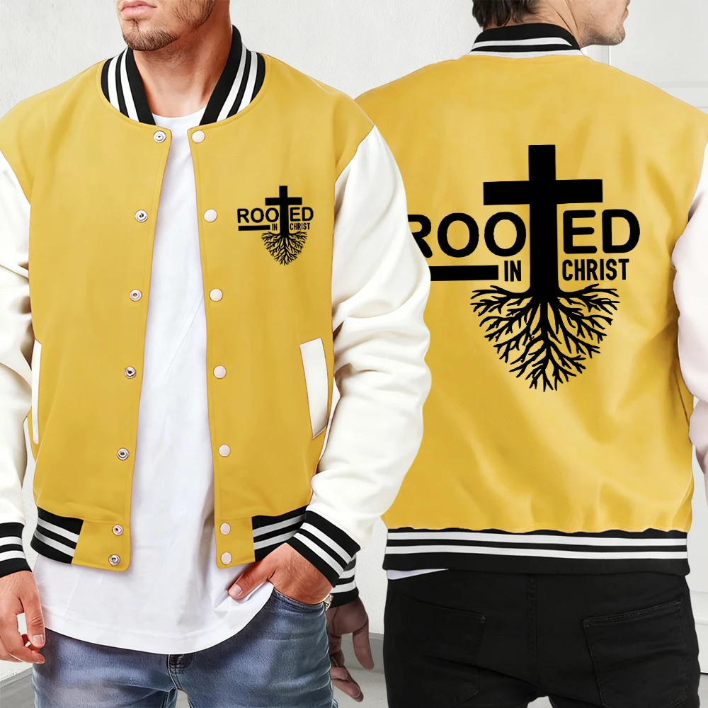 

Новые повседневные куртки с принтом «Укорененные в Христа», мужские бейсбольные майки в стиле ретро на пуговицах, уличная одежда большого размера, унисекс, осенняя спортивная мужская одежда