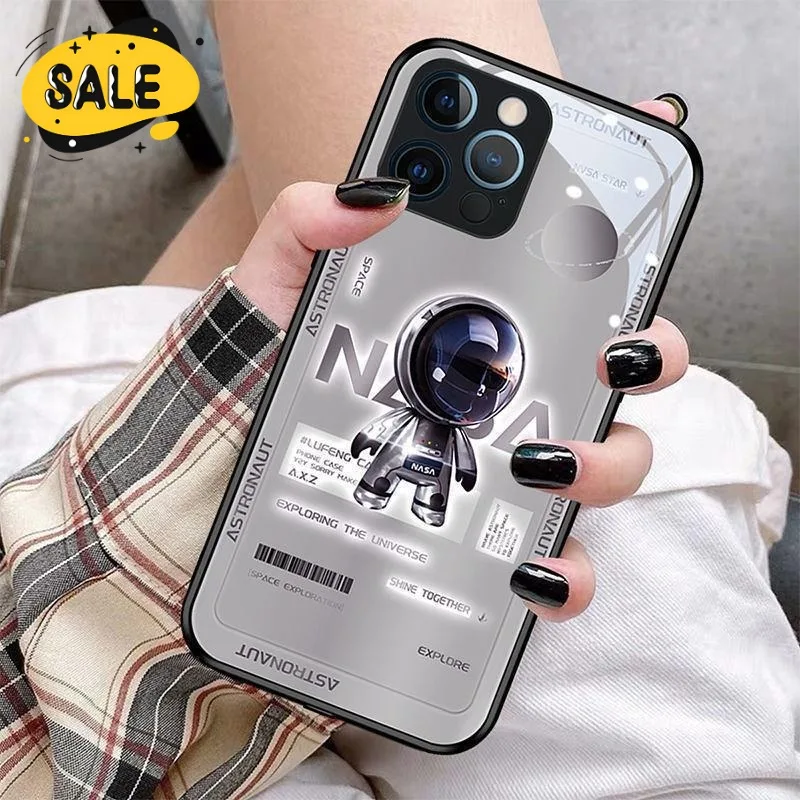 

Cute Astronaut Space Funda Phone Case for Iphone 15 14 13 Pro Max Plus 13mini LED Light Glow Glass Fashion Protector Cover