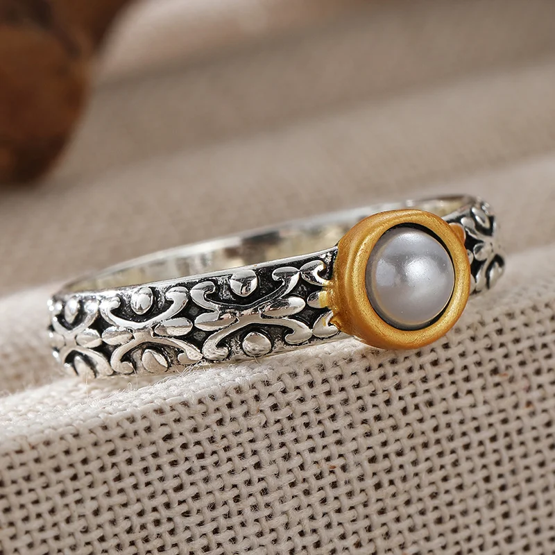 Bohemian Style Vintage Silver Plated Ring Ladies' Carved Design Trend Ring Daily Commuting Leisure Accessory Jewelry
