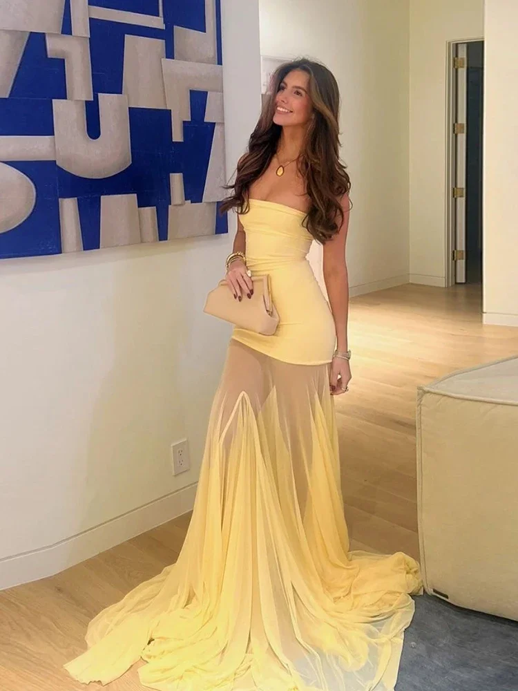 

2025 Summer Patchwork See Through Dress Women Elegant Solid Pleated Strapless Sleeveless Backless Slim Banquet Party Vestidos