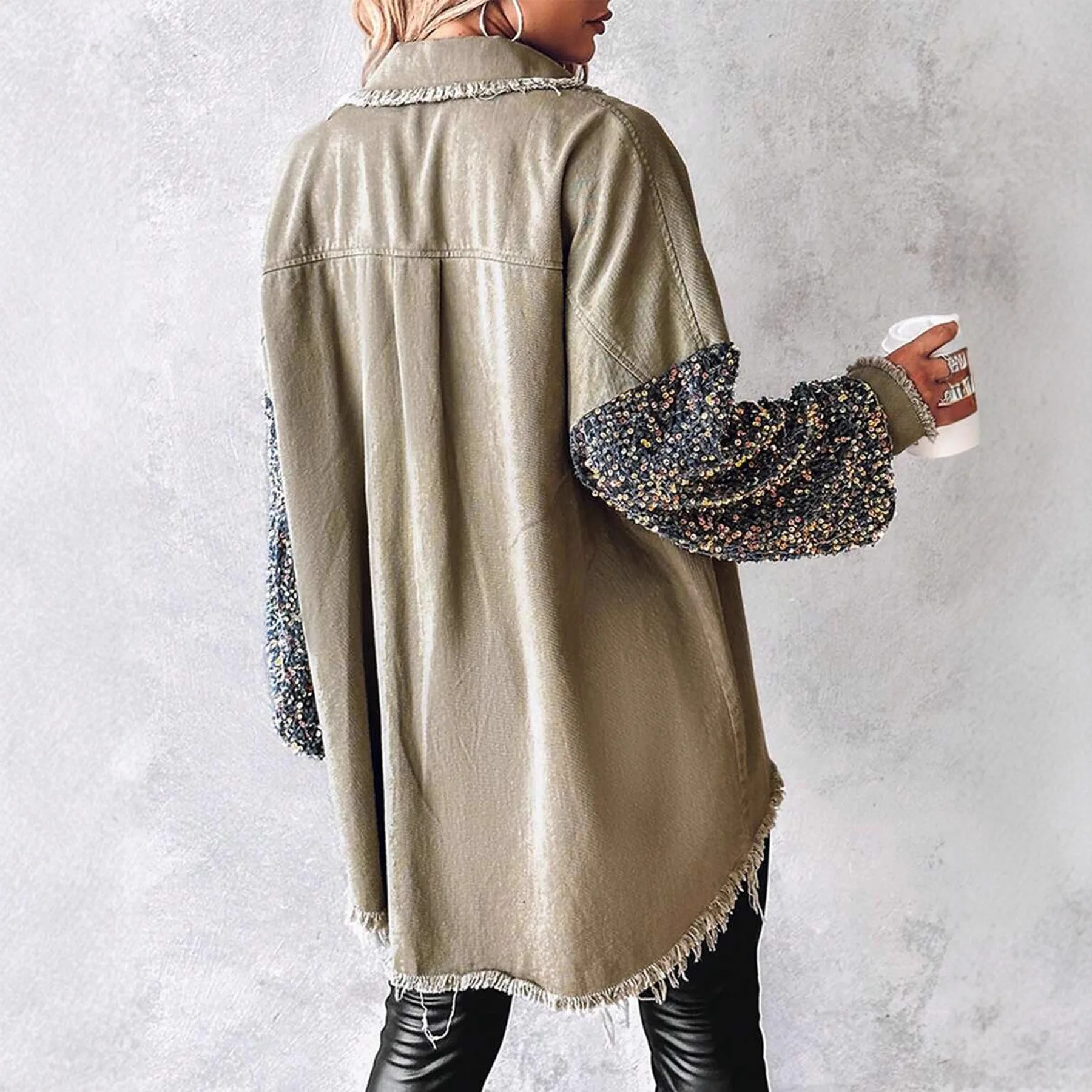 Autumn New Fashion Sequined Women Denim Jacket Simple Splicing Female Casual Fringed Jackets