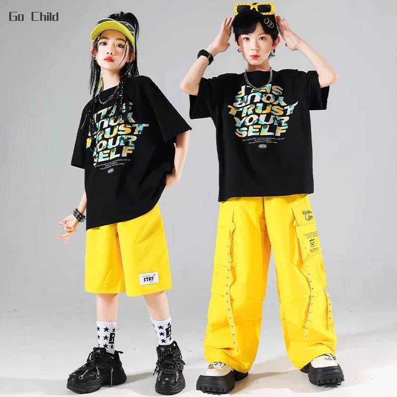 Girls Hip Hop Solid Vest T-shirt Cargo Pants Boys K-pop Street Dance Shorts Clothes Sets Kids Jazz Costumes Children Streetwear