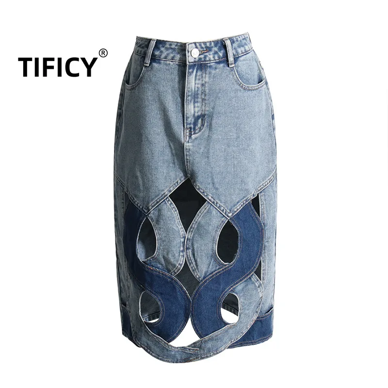 

TIFICY Design Women's Denim Half Jean Skirt Women's Autumn New Personalized Hollow Out Casual Comfortable Half Denim Skirts