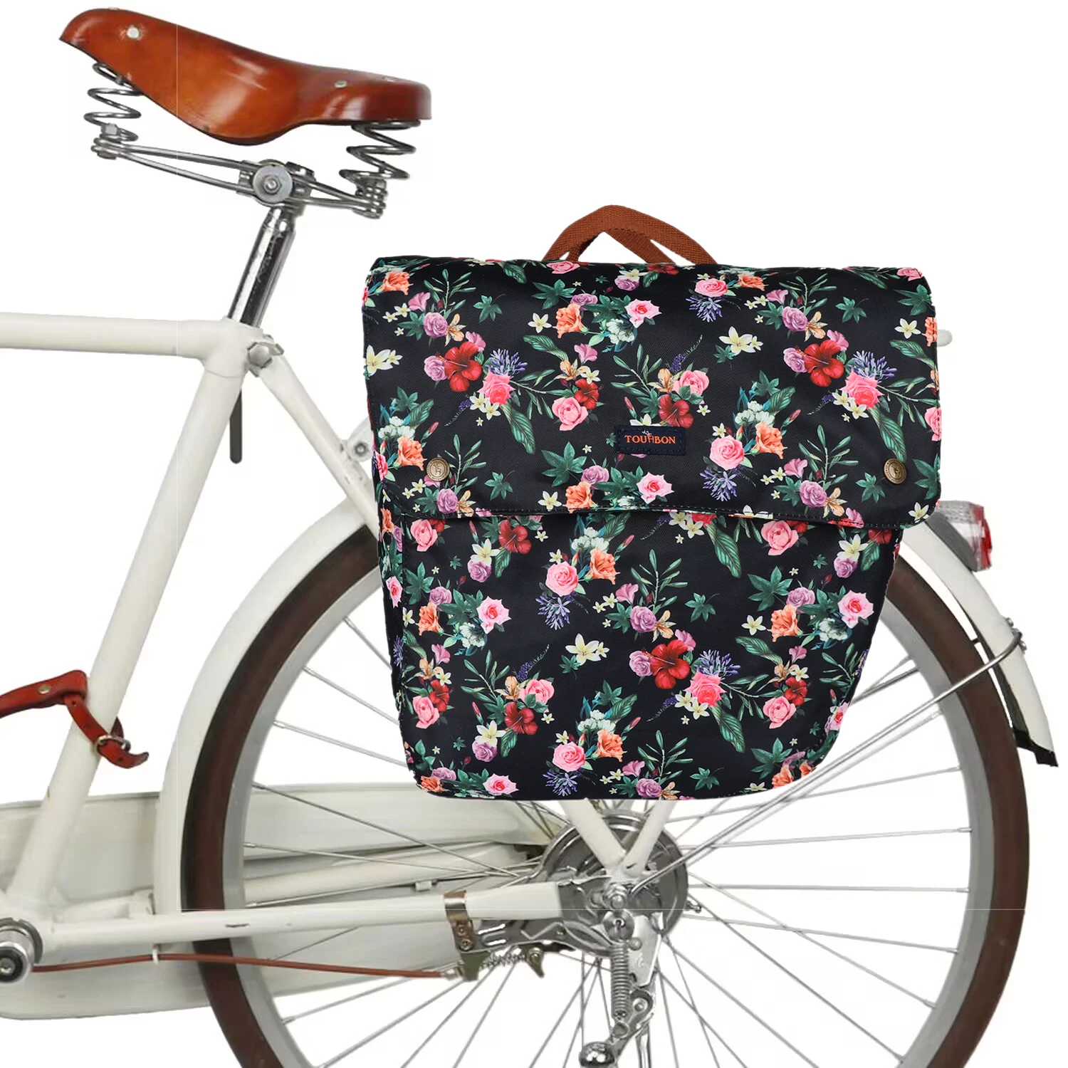 Tourbon Retro Bicycle Double Panniers Rear Rack Trunk Bike Luggage Storage Back Seat Bags 23L Waterproof Wax Canvas Flower