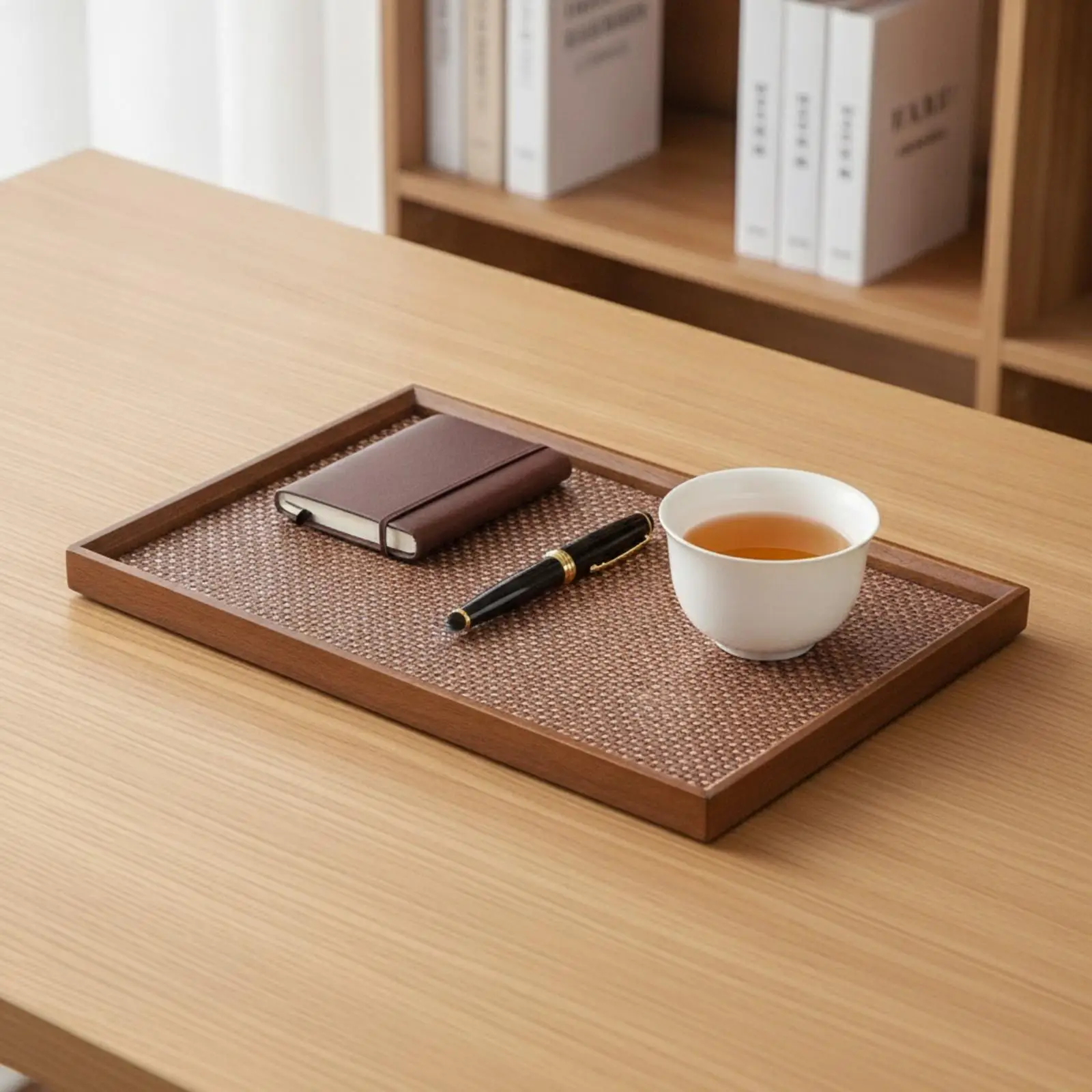 Bamboo Serving Tray with Rattan Weave for Tea Coffee Snacks Tabletop Decor Rectangular Wooden Tray for Home Kitchen Organization