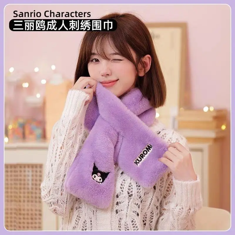 Kawaii Sanrios Scarf Cinnamoroll Neck Cover Female Anime Cute Kuromi My Melody Cross Fluffy Plush Scarf Korean Winter Girl Gifts