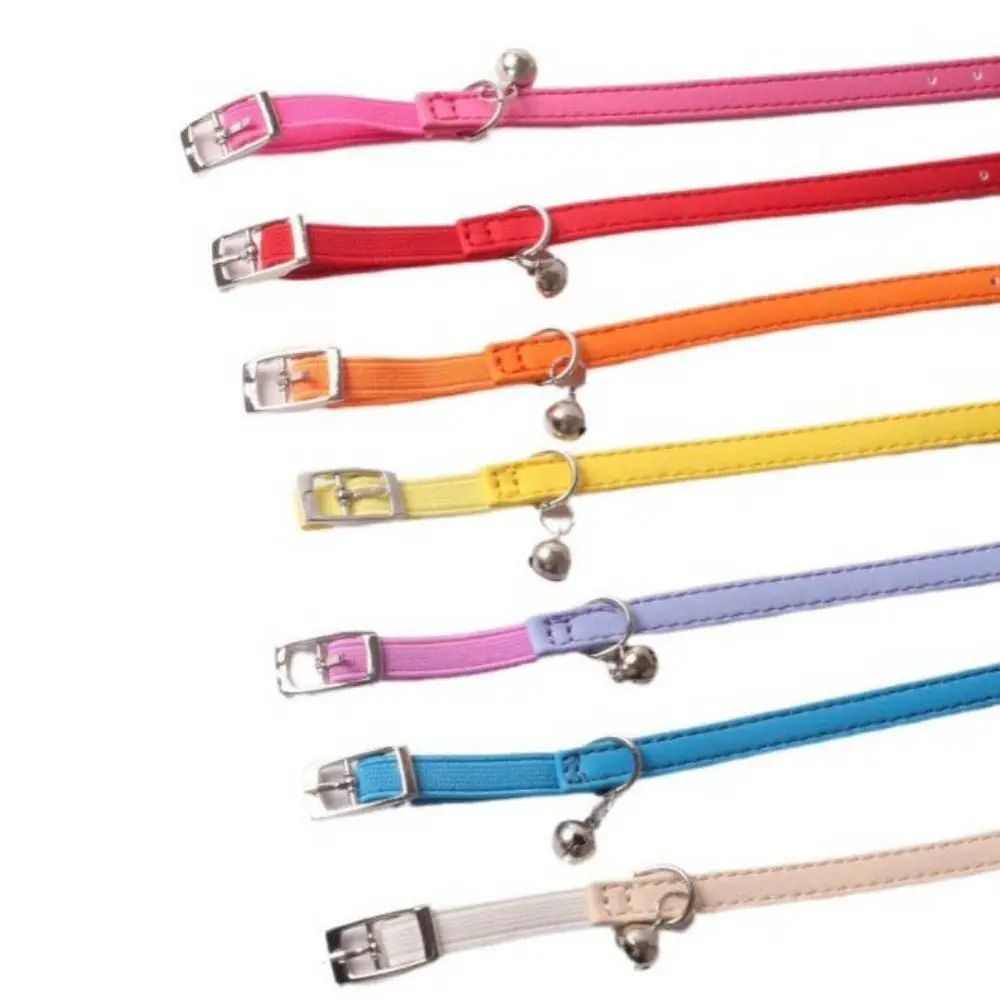 Small Cat Collar Elastic Webbing Macaron Color Pet Collar with Bells Adjustable PU Leather Collar for Puppies and Cats