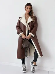 Leather Long Jacket Women Belt Lambswool Long Sleeve Turndown Collar Pocket Female Coat 2023 Autumn Winter Lady Overcoat