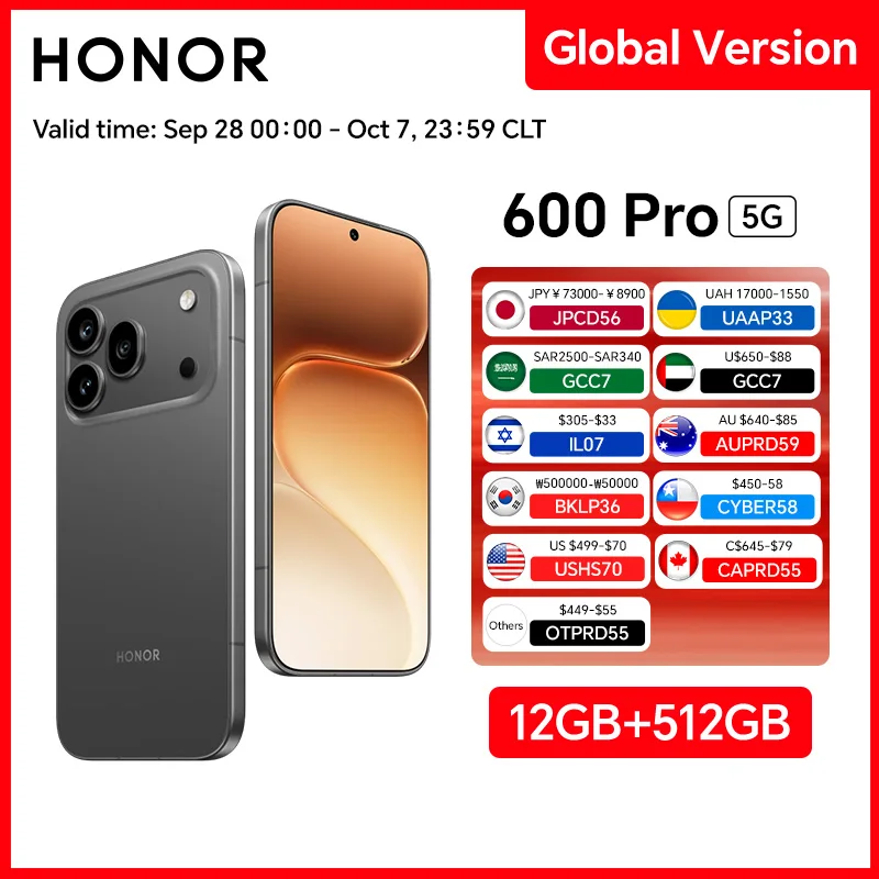 2026 New Global Version HONOR 600 Pro 5G 12GB+512GB 6.57'' 120Hz AMOLED Screen 200MP Main Camera 7000mAh 80W SuperCharge