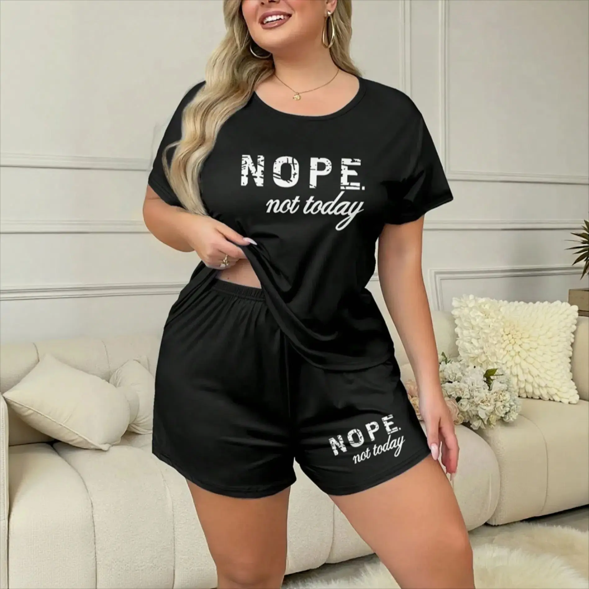 

Women Summer Leisure Pajamas Short Sleeve Letter Print T-shirt Tops + Shorts Plus Size Homewear Female Comfortable Sleepwear