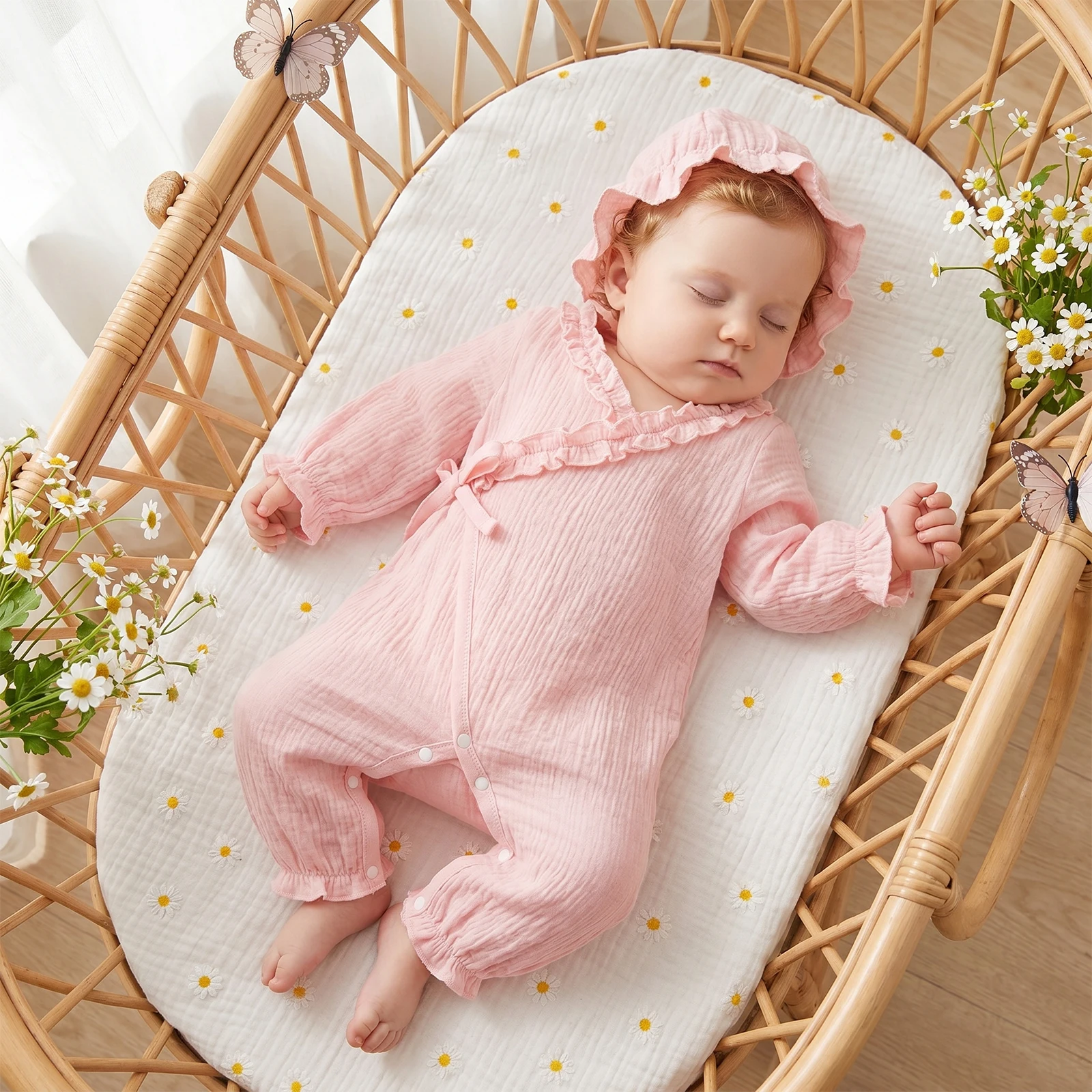 Newborn Baby Girl Fall Outfits  Ruffle Trim Long Sleeve Wrapped Tie Jumpsuits Romper Hat 2 Piece Set
