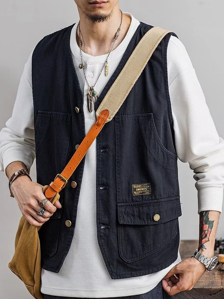 

Хлопковый жилет в американском стиле ретро, мужской тонкий повседневный многоэтажный рабочий костюм Jaet V-Ne на одной пуговице, весна-осень, универсальный