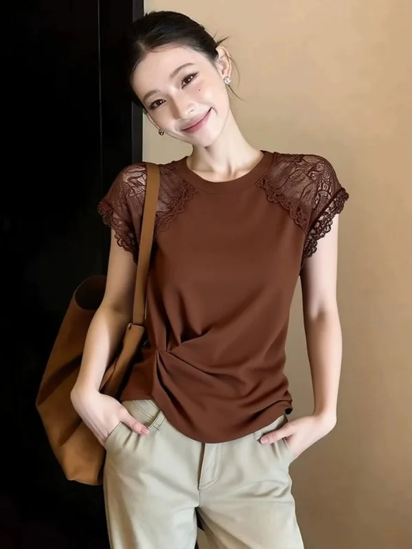 

Fashionable Lace Patchwork Short Sleeve T-Shirt Women's Premium Feel Summer Trendy Top Design Unique Style Citywalk Ready