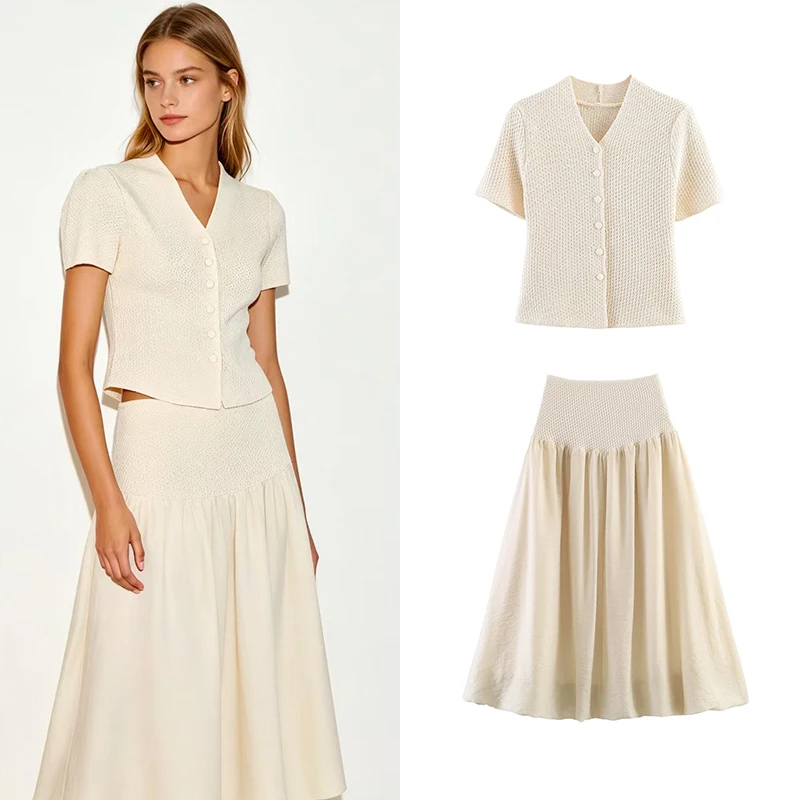 SLTNX Casual Women Knit Skirt Suit V-Neck Buttons Short Sleeve Cardigan Long Skirt Fashion 2026 Summer Holiday Elegant Sets