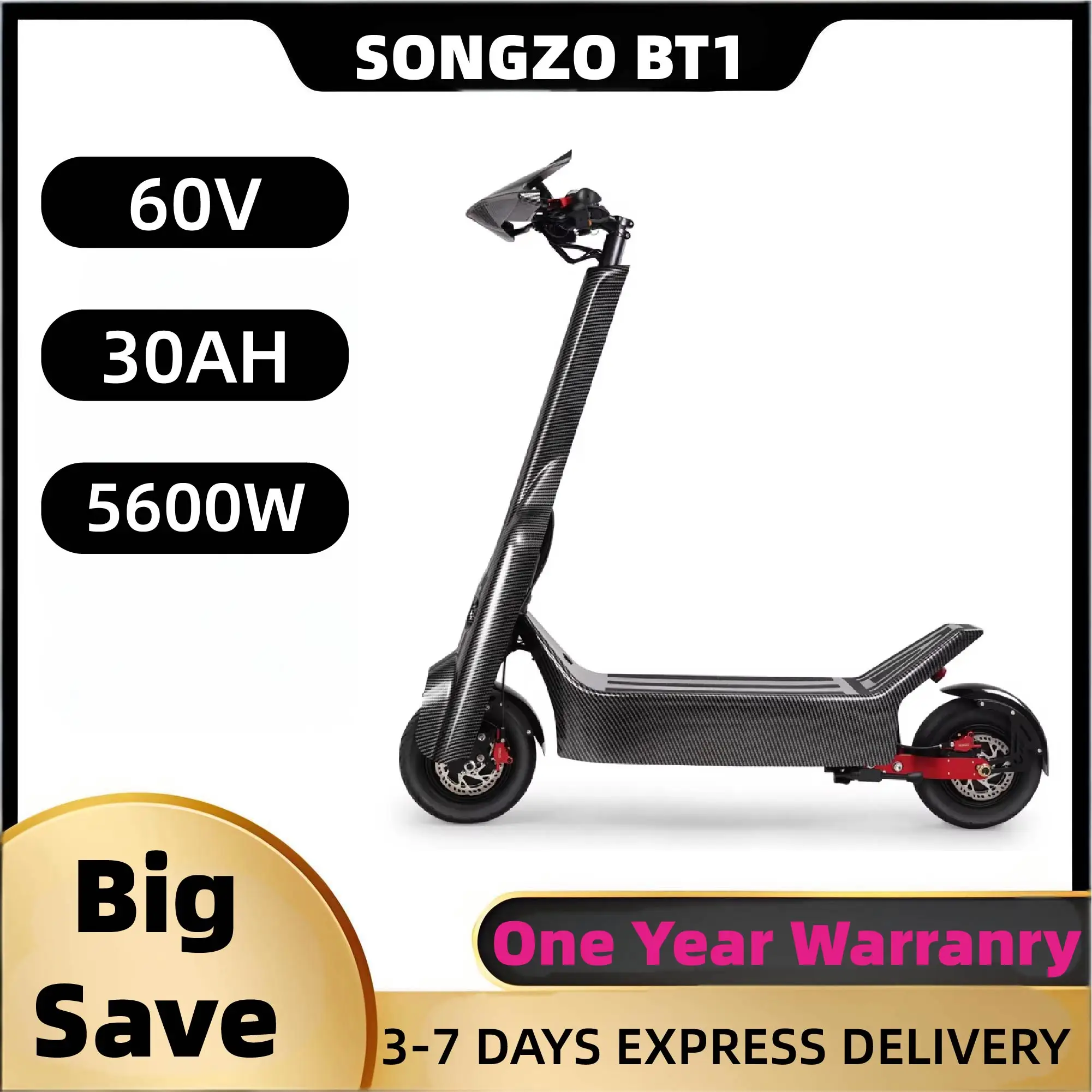 

SONGZO BT1 Electric Scooter 5600W Strong Motor 60V 30Ah 16850 Battery Cell Foldable Tubeless Silent Road Tire Electric Scooter