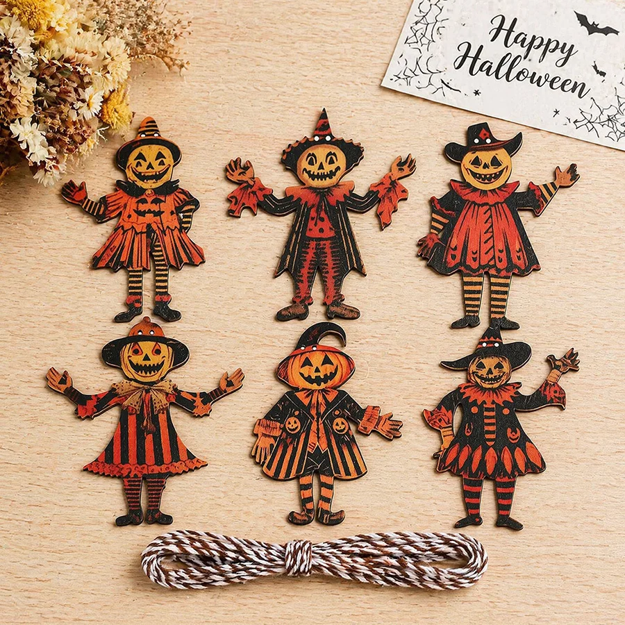 

6pcs/set Halloween Party Wooden Scary Pumpkin Ghost Pendant Hanging Banner DIY Gift Tags Halloween Haunted House Decoration