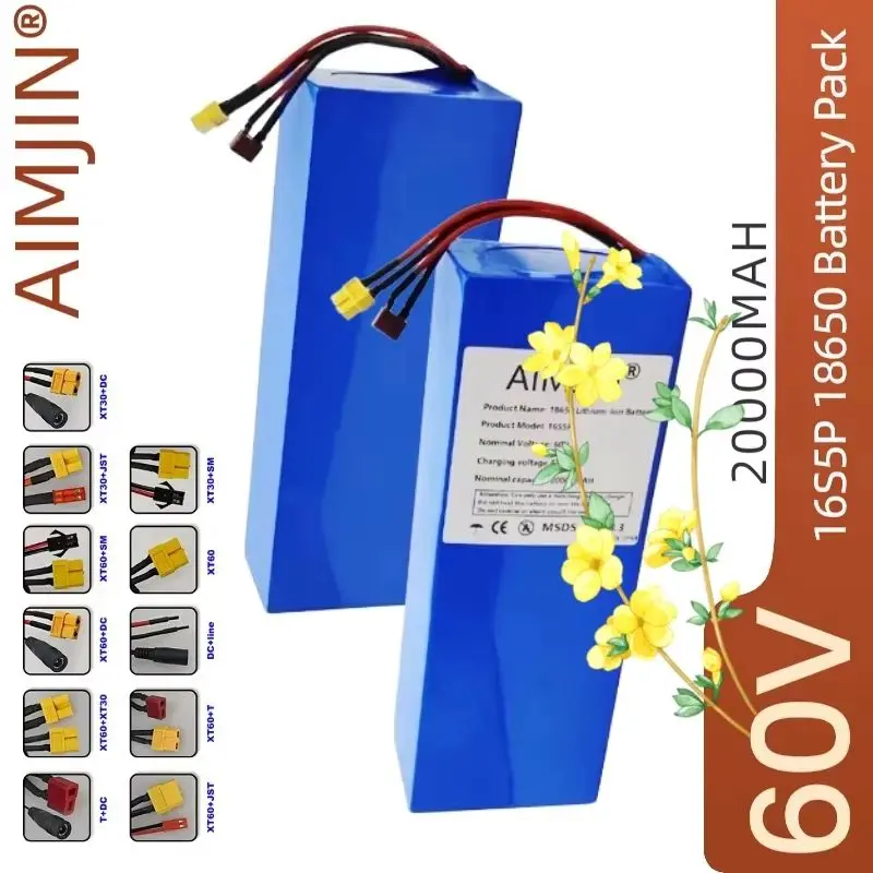 16S5P Battery Pack for 1000W 1200W 1500W Motor 60V 20AH Lithium for Motorcycle Scooter Bicycle with BMS
