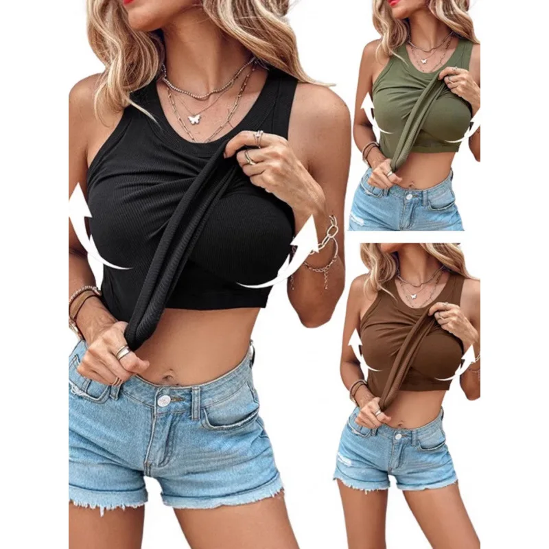 Womens Round Neck Ribbed Built In Bra Crop  Top Solid Casual Layering Vest