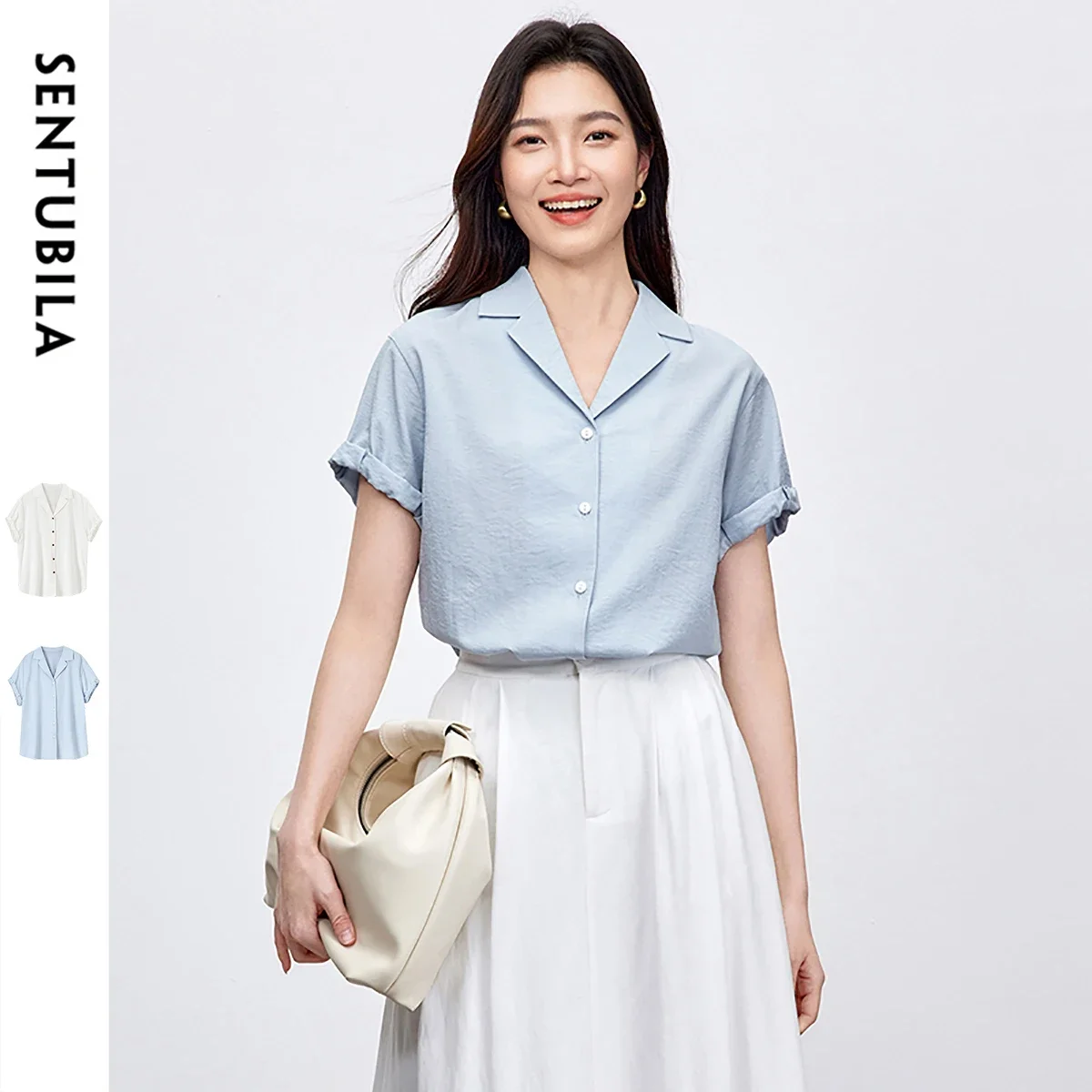 

Женская синяя рубашка SENTUBILA 2026, летняя, с коротким рукавом, на пуговицах, офисная одежда, модель 152C59292