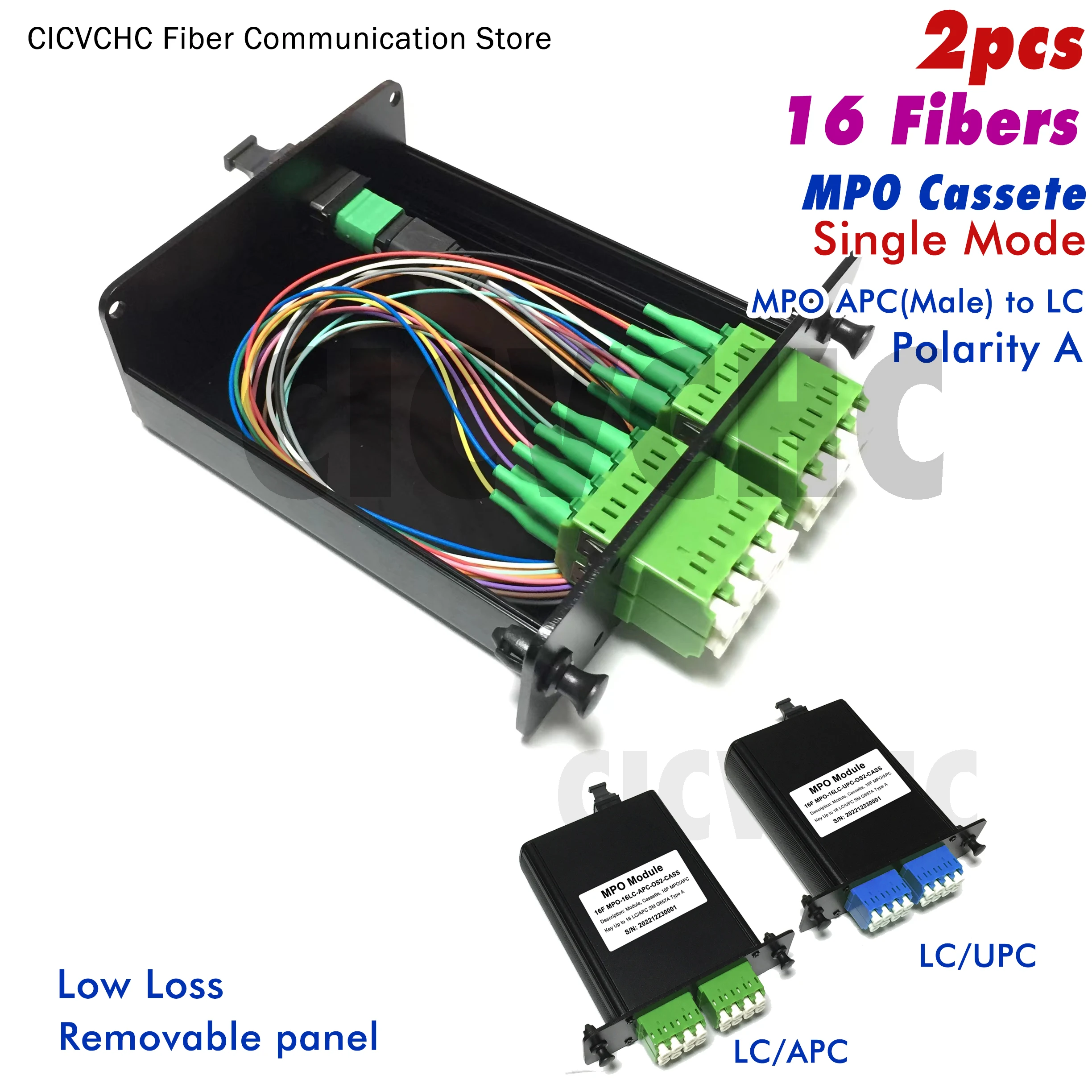 2pcs 16 Fibers MPO-LC Cassettes with SM, OM3, OM4, Aluminum shell, Removable panel