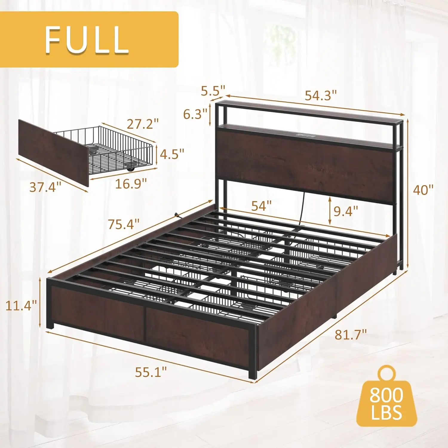 Metal platform bed frame with 2-layer storage headboard, 4 storage drawers, no noise/box spring required, coffee color