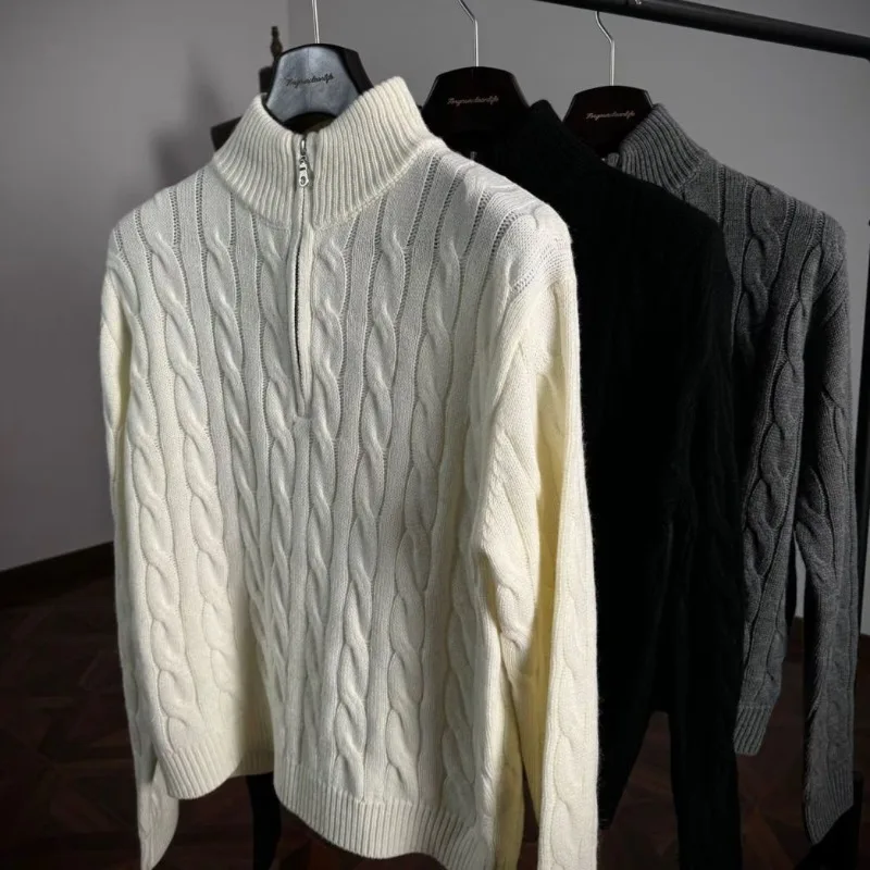 Autumn New Half Zipper Sweaters Men's Old Money Twists Pattern Half High Collar Knit Pullovers British Lazy Comfortable Jumpers