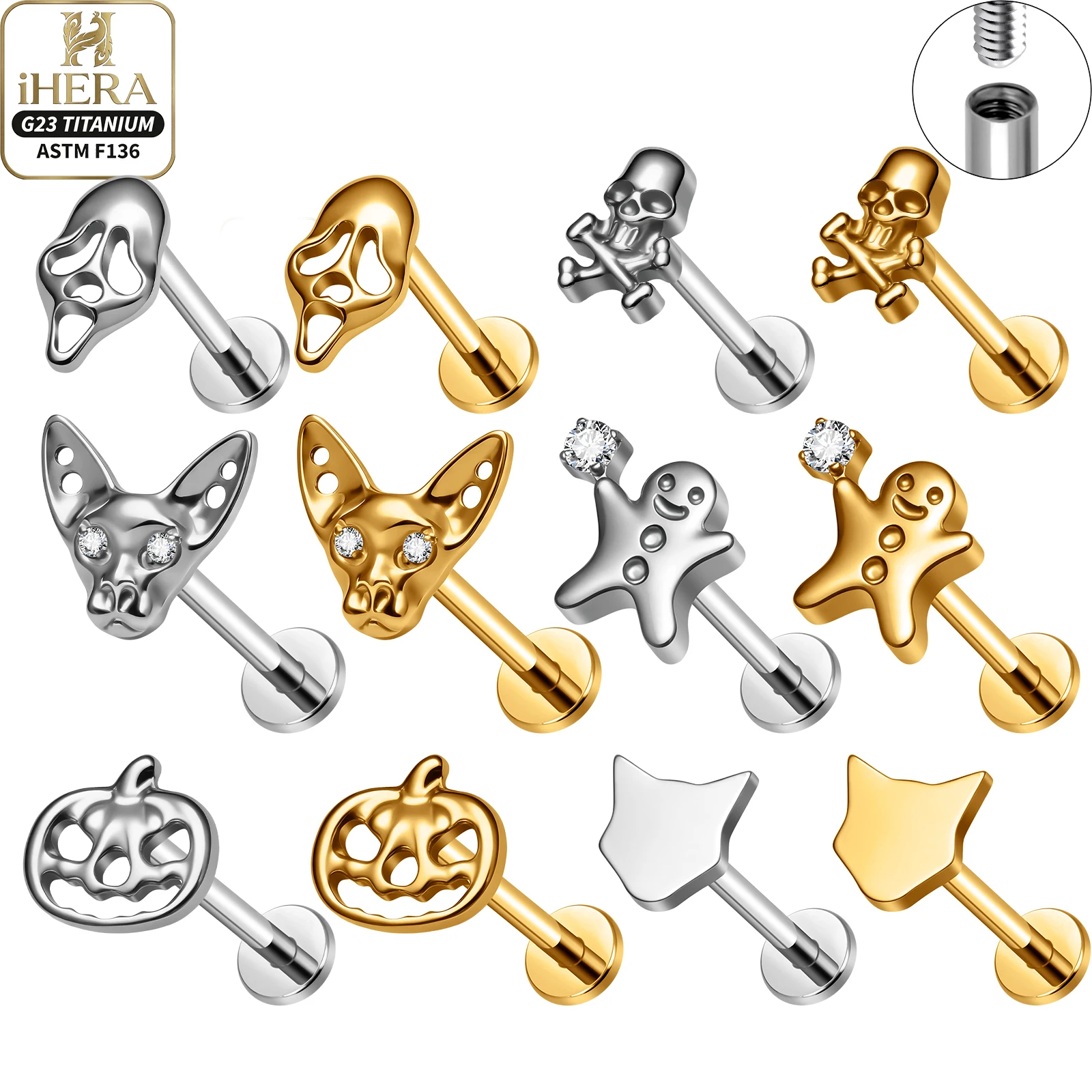 G23 Titanium Stud Earring Sparkly Ghost Pumpkin Skull Bat Scream Mask Labret Piercing Cartilage Helix Tragus Conch Jewelry Bulk