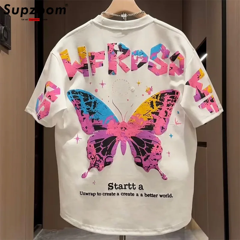 Supzoom New Arrival Summer Fashion Foam Printing Butterfly Neutral Short O-neck Casual Heavy Texture Cotton Ins Loose Men Tshirt