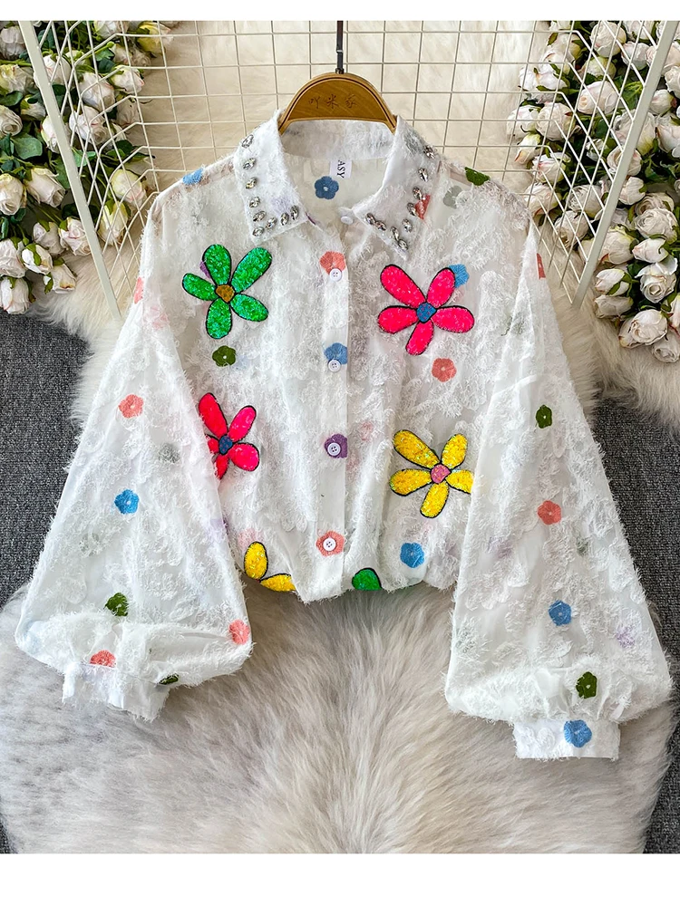 

Spring Autumn New Diamond Studded Sequin Flower Lapel Lantern Sleeve Shirt Women Dopamine Sweet Oversized Loose Blouse Top C373