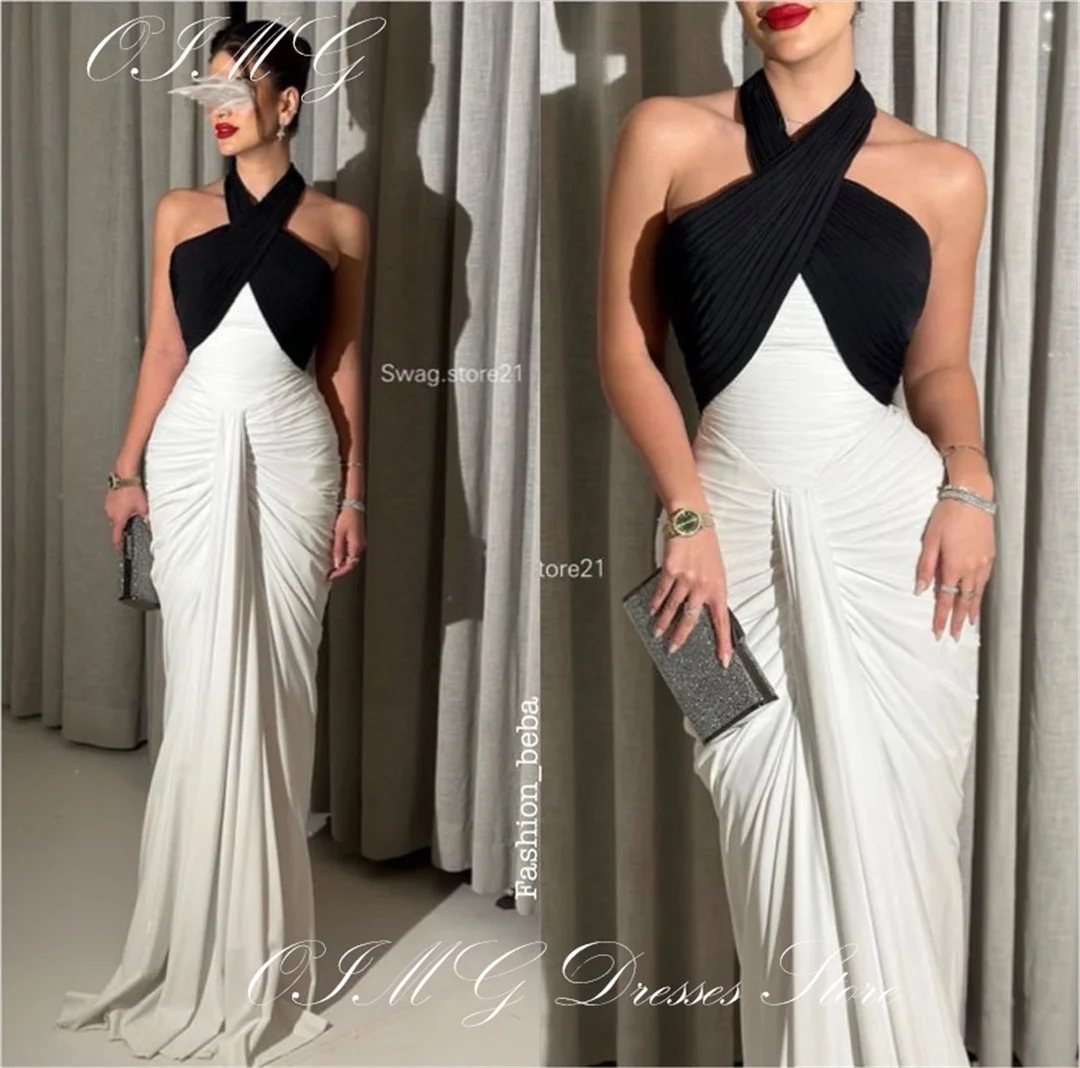 

OIMG Gorgeous Halter Mermaid Prom Dresses Sleeveless Backless Women Satin High Slit Evening Gowns Occasion Formal Party Dress