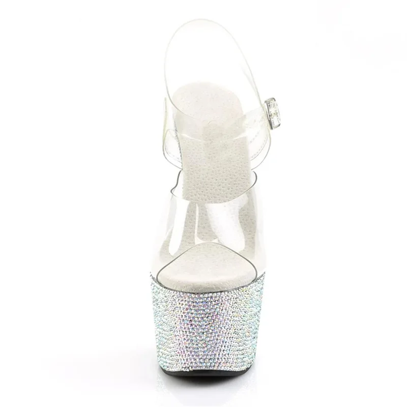 17CM Crystal Galaxy Heels - Transparent Platform Stilettos w/ 200+ Rhinestones & Adjustable Ankle Strap for Stage Performances