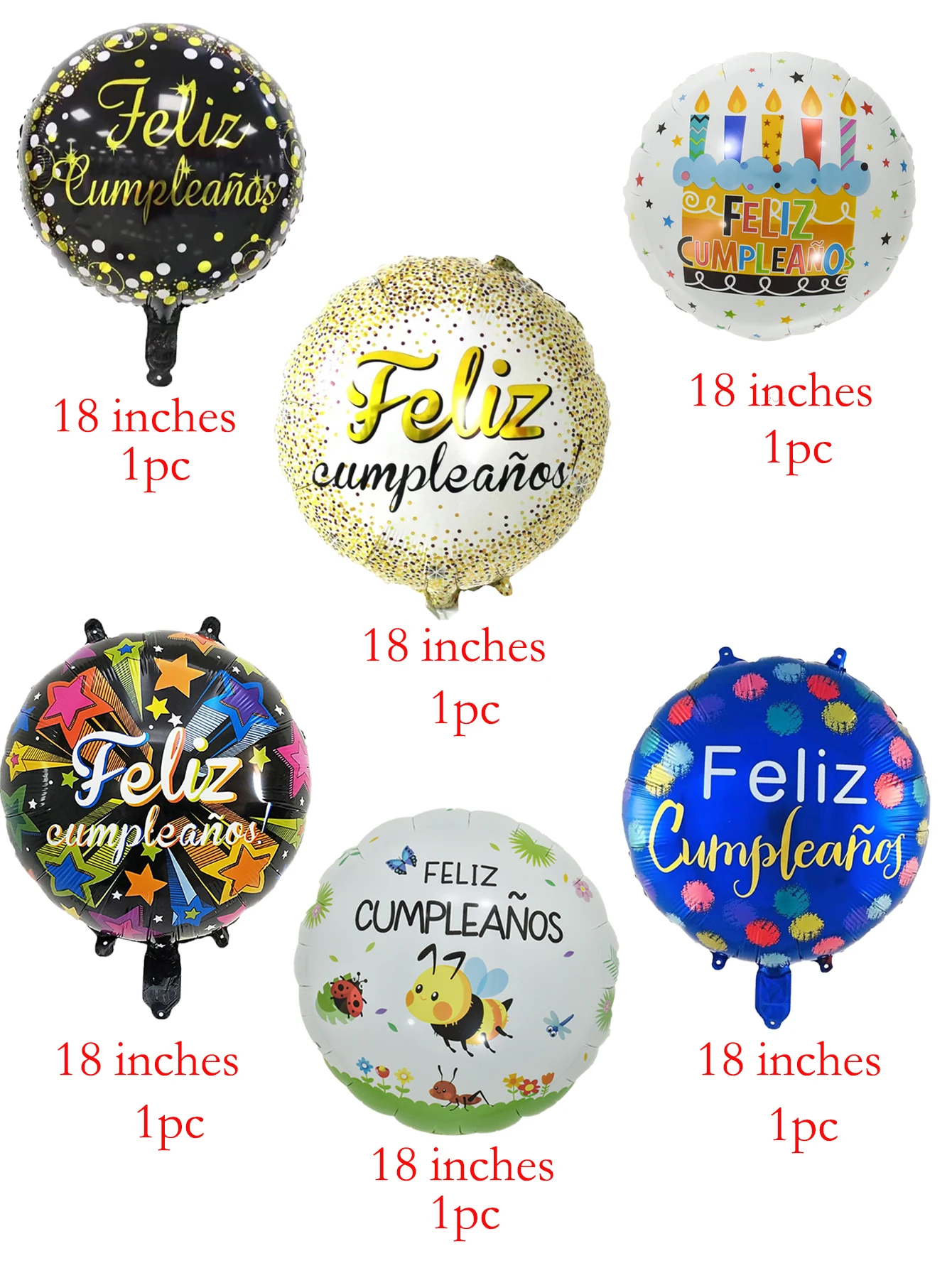 6pcs 18inch Round Spanish  Birthday Balloons Set Feliz Cumpleanos Balloon Birthday Party Decorations