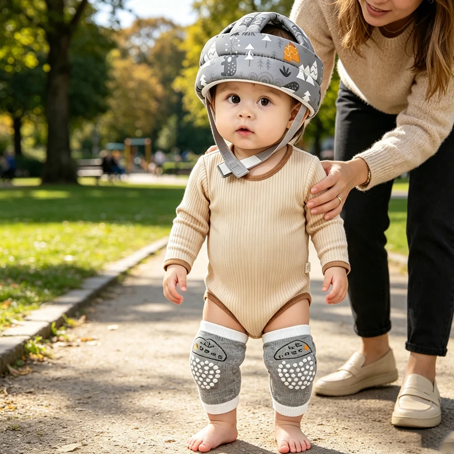 2-teiliges Set: Baby-Kopfschutzkappe + Baby-Knieschoner, in verschiedenen Farben erhältlich, Baby-Lauflern-Kopfschutz-Kombi-Set, Cartoon-Druck, verstellbares, sturz- und stoßfestes, weiches Kopfschutzpolster für Kleink – Detail 4