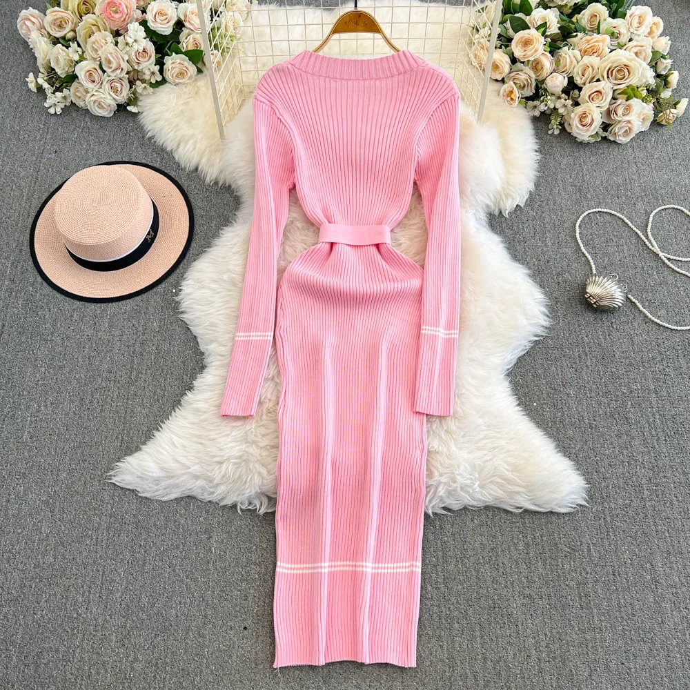 Chic Slim Long Sleeve O-neck Knit Dress High Street Vintage Single Breasted Slim Evening Korean Women Autumn Winter Clothing