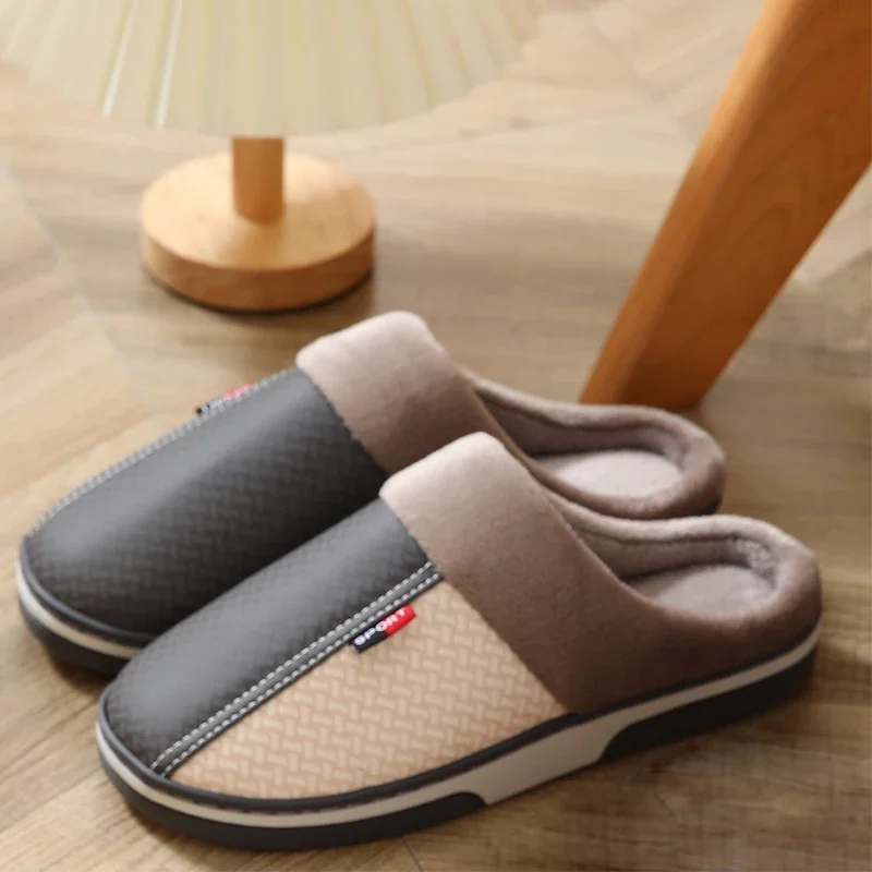 2023 Winter Warm PU Leather Upper Waterproof House Slides Men's Plush slippers Home Indoor Non-slip Flip Flops Male Cotton shoes