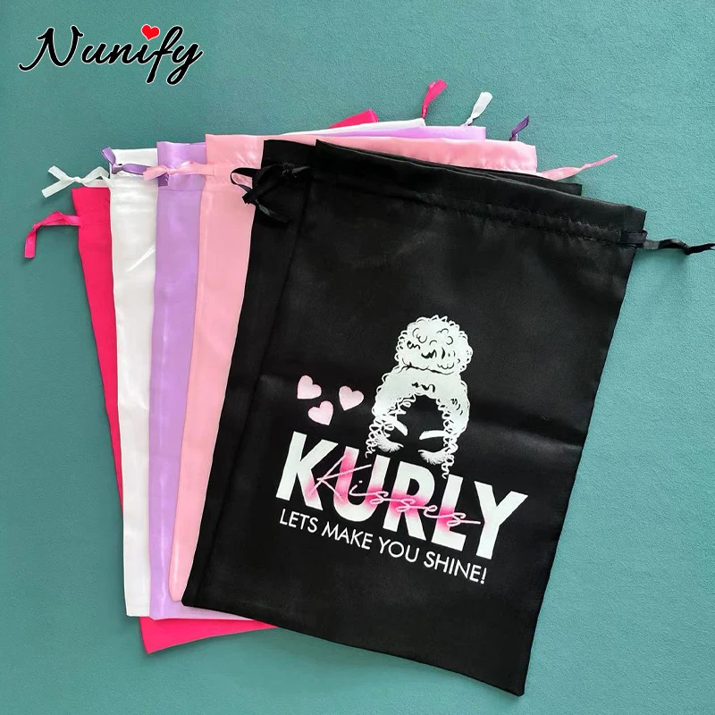 Custom Purple Wig Storage Bags With Logo Personalized Satin Bags With Drawstring For Packaging Hair 5Pcs Black Travel Bags Pouch