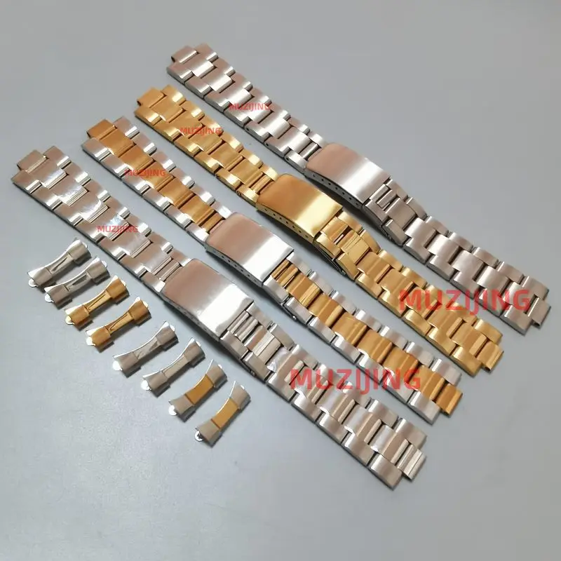 Silver Gold 18mm 19mm 20mm 316L Stainless Steel Vintage Curved End Oyster Watch Bands Straps Fit for RLX 1501 5500 16033 16013